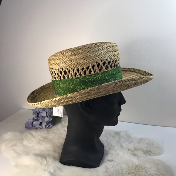 Vintage DPC Straw Woven Homburg Hat with Green Tropical Print Hat Band Unisex - Picture 7 of 8
